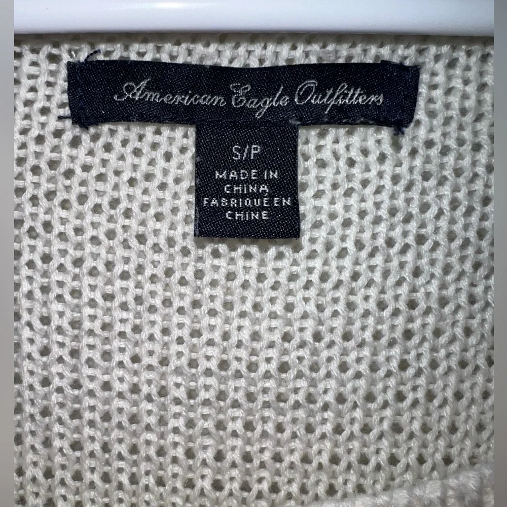 American Eagle Outfitters Ivory Loose-Knit Chiffon Ruffle Pullover Sweater - Picture 3 of 4